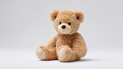 Fototapeta premium Soft and fluffy teddy bear sits adorably on a minimalistic background, exuding warmth and comfort, inviting companionship and imagination