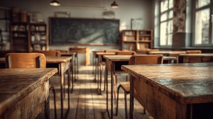 Empty Vintage Classroom with Sunlight Streaming Through Windows