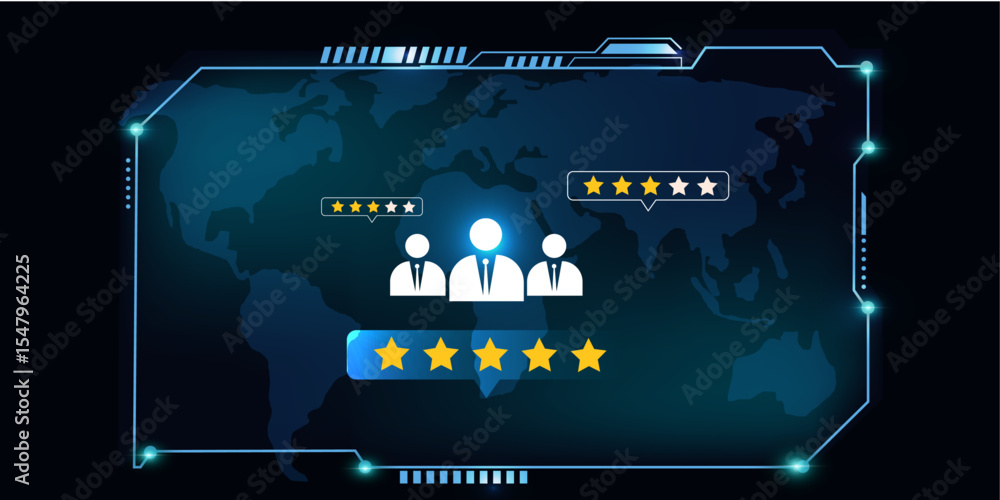 Poster futuristic hud interface with customer rating icons and business support concept in blue globe backg