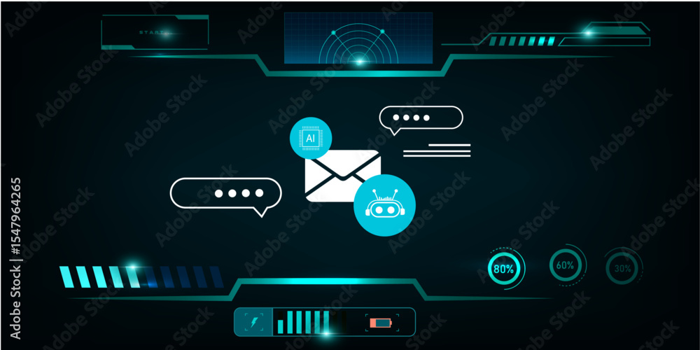 Poster advanced customer support interface featuring email, chatbot, and ai tech on a sci-fi hud-style back