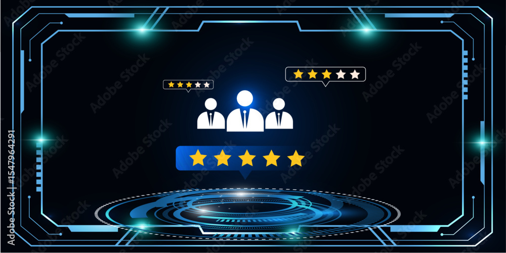 Poster futuristic hud interface with customer rating icons and business support concept in blue tech backgr