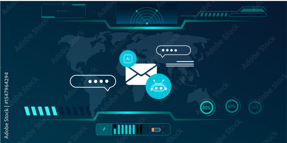 Poster hud interface concept with digital email, ai chatbot, and virtual agent icons for automated tech sup
