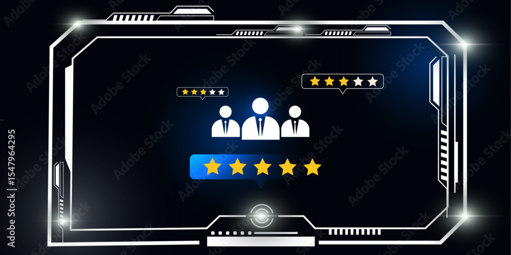 Poster futuristic hud interface with customer rating icons and business support concept in blue tech backgr