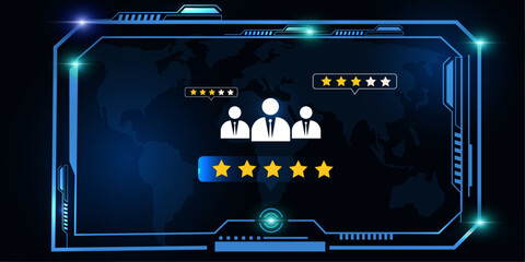 Digital HUD Dashboard Displaying Customer Satisfaction Icons and Support Metrics in Blue Gradient Tech Background