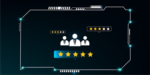 Digital HUD Dashboard Displaying Customer Satisfaction Icons and Support Metrics in Blue Gradient Tech Background
