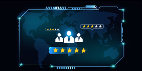 Futuristic HUD Interface with Customer Rating Icons and Business Support Concept in Blue globe Background