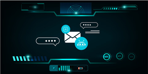 Advanced Customer Support Interface Featuring Email, Chatbot, and AI Tech on a Sci-Fi HUD-Style Background