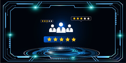 Futuristic HUD Interface with Customer Rating Icons and Business Support Concept in Blue Tech Background