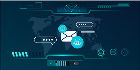 HUD Interface Concept with Digital Email, AI Chatbot, and Virtual Agent Icons for Automated Tech Support
