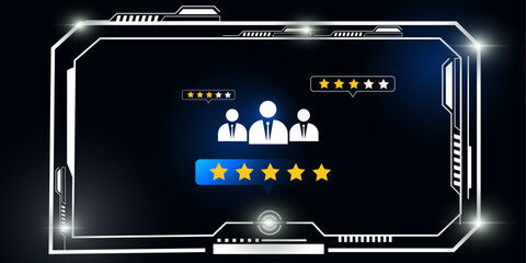 Futuristic HUD Interface with Customer Rating Icons and Business Support Concept in Blue Tech Background