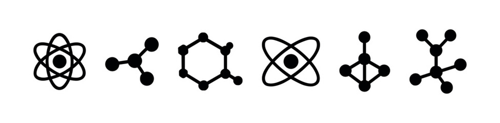Science and chemistry solid icon set. atom, molecule, physics symbols collection