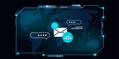 Innovative AI Support Concept with Holographic Email and Chat Assistant Icons on Futuristic Tech Background