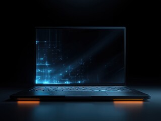 Futuristic black laptop with glowing blue digital screen display on dark background