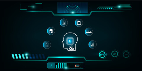 Futuristic HUD Interface with AI Icons Supporting Real Estate, Banking, and Business Technology Concepts
