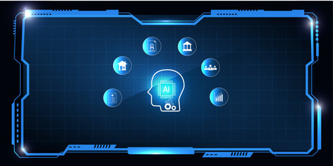 Digital HUD Background with Artificial Intelligence Icons Representing Business and Financial Innovation