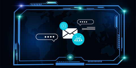 Futuristic HUD Interface with AI Chat Agent and Email Support Icons – Concept of Virtual Assistance Technology