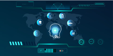 Digital HUD Background with Artificial Intelligence Icons Representing Business and Financial Innovation