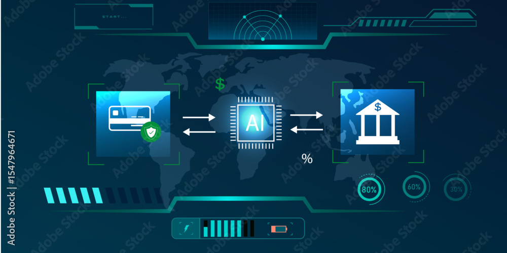 Poster futuristic digital payment system interface with ai and credit card icons in a smart banking