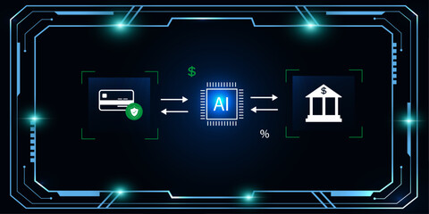 Futuristic Digital Payment System Interface with AI and Credit Card Icons in a Smart Banking