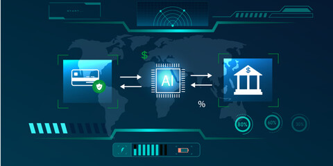 Futuristic Digital Payment System Interface with AI and Credit Card Icons in a Smart Banking
