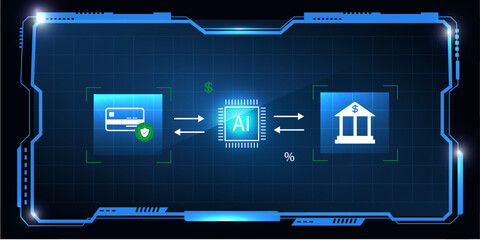 Modern Fintech HUD Background with Payment Card, Bank, and AI Icons Representing Digital Finance