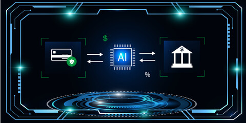 HUD Interface with AI and Financial Icons Depicting Secure Digital Transactions and Smart Banking