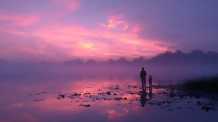 Fototapeta premium Silhouetted figures enjoying a serene lake at dusk with vibrant colors reflecting on the water