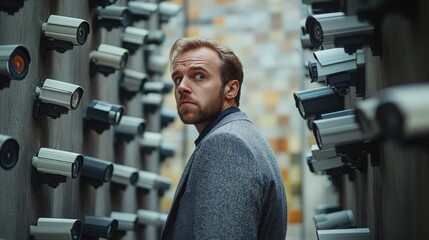 Man in Gray Jacket Amidst a Wall of Security Cameras in Urban Alley