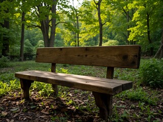 Naklejka premium Cinematic realistic shot of an old wooden garden bench, aged wood grain, gentle sunlight filtering through leaves, peaceful atmosphere, reflection of green foliage.