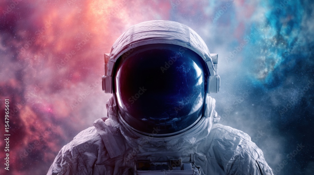 Poster an astronaut in a spacesuit stands against a colorful nebula background with stars. space exploratio