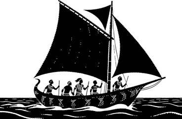 Black Silhouette Pointillist Illustration of Ancient Sea Voyagers on a Traditional Sailing Boat