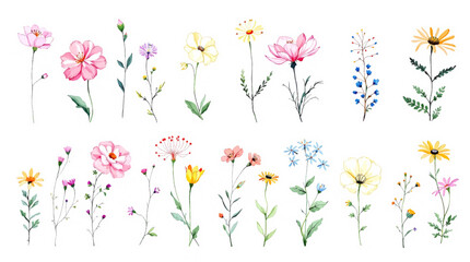 Set of watercolor wild flowers, set of flowers clipart