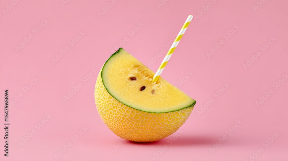 Poster slice of cantaloupe with a straw sticking out of it. the cantaloupe is cut in half and the straw is 