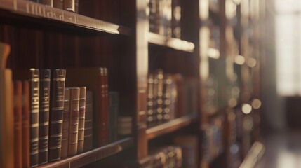 Empty library background with bookshelves in school, university, college. Interior of vintage bookshop with wooden bookcases. Bookstore backdrop. Reading room