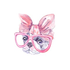 Cute French Bulldog face with pink bow and pink glasses. Hand-painted watercolor illustration. Isolated on white background. Perfect for kids, prints, fashion, and pet lovers