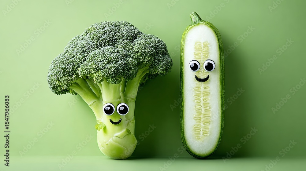 Poster two vegetables, a cucumber and a broccoli, are smiling at the camera. the broccoli is on the left an