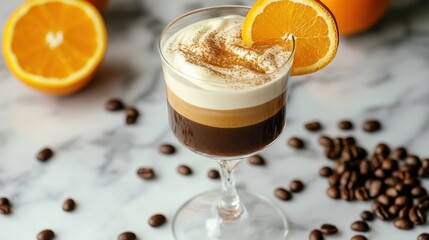 Layered coffee cocktail in crystal glass with slices of orange and coffee beans on a white marble surface