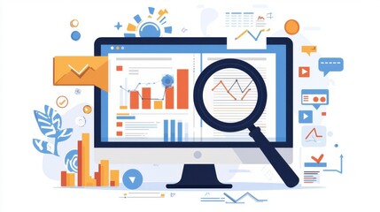 Modern digital analytics on a computer screen featuring graphs, charts, and various data visualization elements in an abstract background