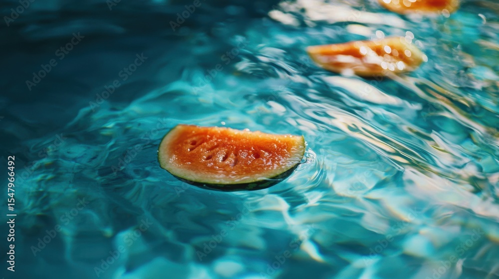 Poster bright watermelon slices float on a shimmering blue surface reflecting sunlight in a refreshing summ