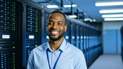 Young server room engineer smiling next to server racks. Confident technician in a data center. IT professional with blue shirt and ID badge looking at camera. - Powered by Adobe