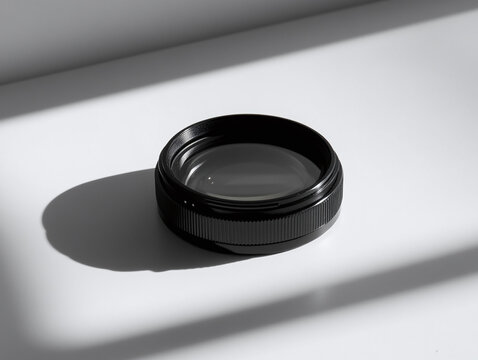 A camera lens cap, isolated on a white surface, showing its black color and minimal shadow.