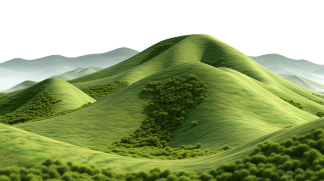 A series of gently undulating hills, lush and vibrant green on a transparent background. PNG