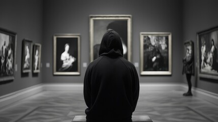 Obraz premium Young man in black hoodie sitting on bench, viewing abstract paintings in a modern art gallery, contemplation.