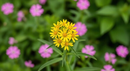 Obraz premium Close-up of yellow wildflowers blooming in a lush green meadow with blurred pink flowers in the background