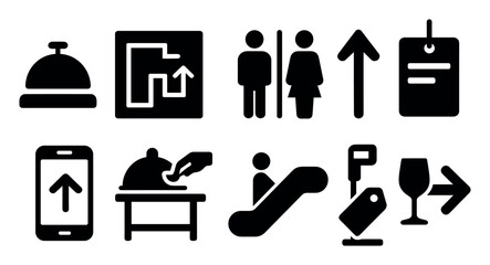 Hotel and travel solid icon set. hospitality, direction, service solid icons collection