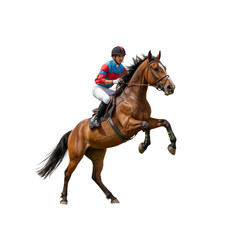Equestrian Jumping Bay Horse and Rider in Mid-Air