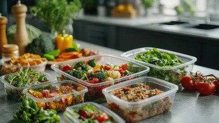 Healthy meal preparation with fresh vegetables and variety of salads in clear containers in a modern kitchen setting
