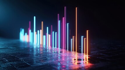 Abstract representation of colorful vertical bars illuminated against a dark backdrop reflecting vibrant hues of light