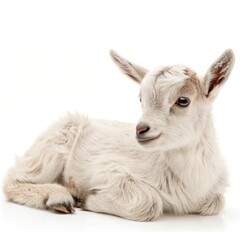 White domestic farm animal with horns, a goat, stands on a white background in a summer meadow