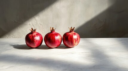 Pomegranates arranged on a marble surface with soft shadows in a natural light setting